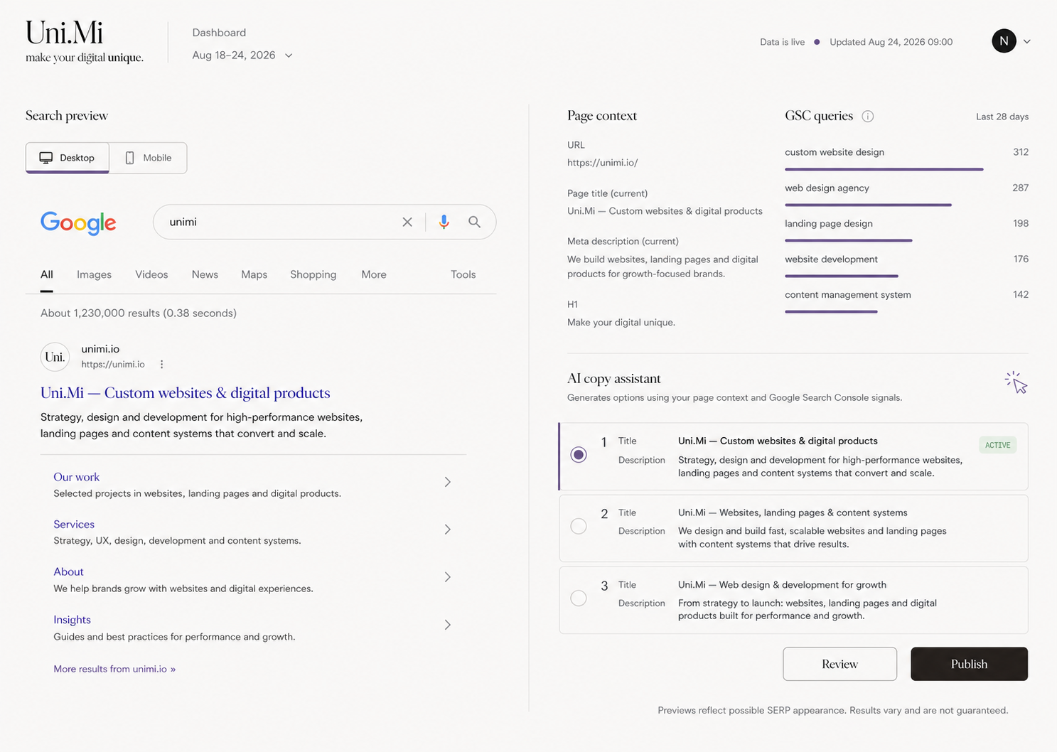 סביבת SEO ו-AI עם תצוגת תוצאה אורגנית, שאילתות Search Console וטיוטות קופי