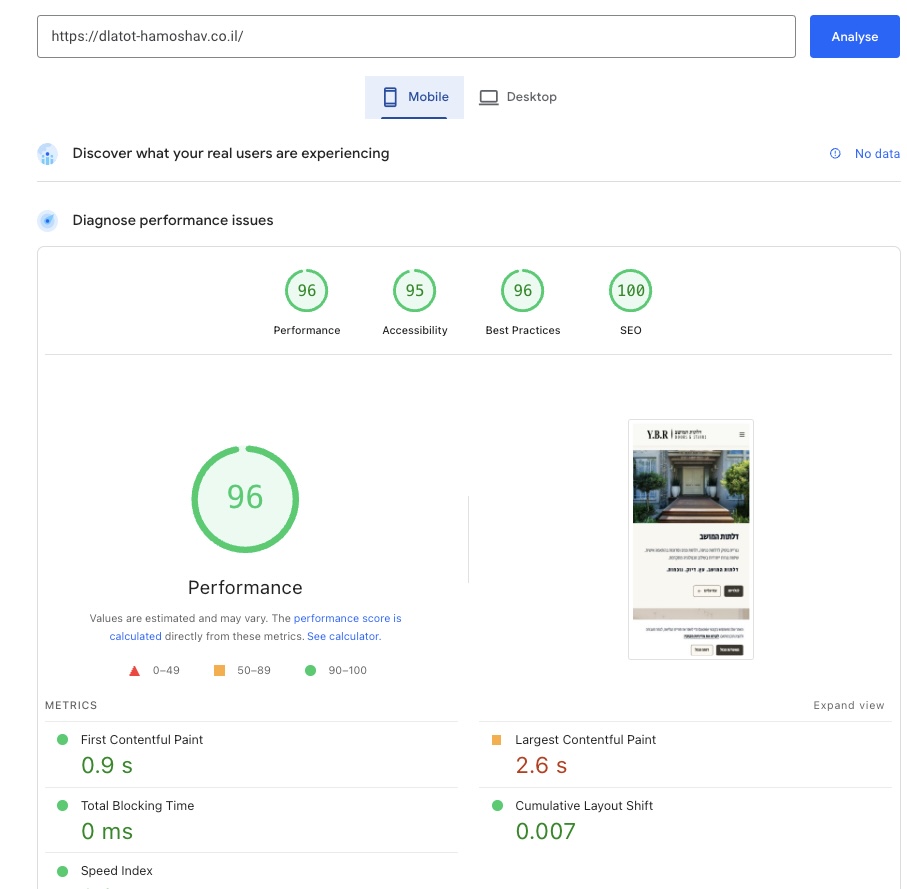 צילום PageSpeed Insights במובייל של Antal Cosmetology